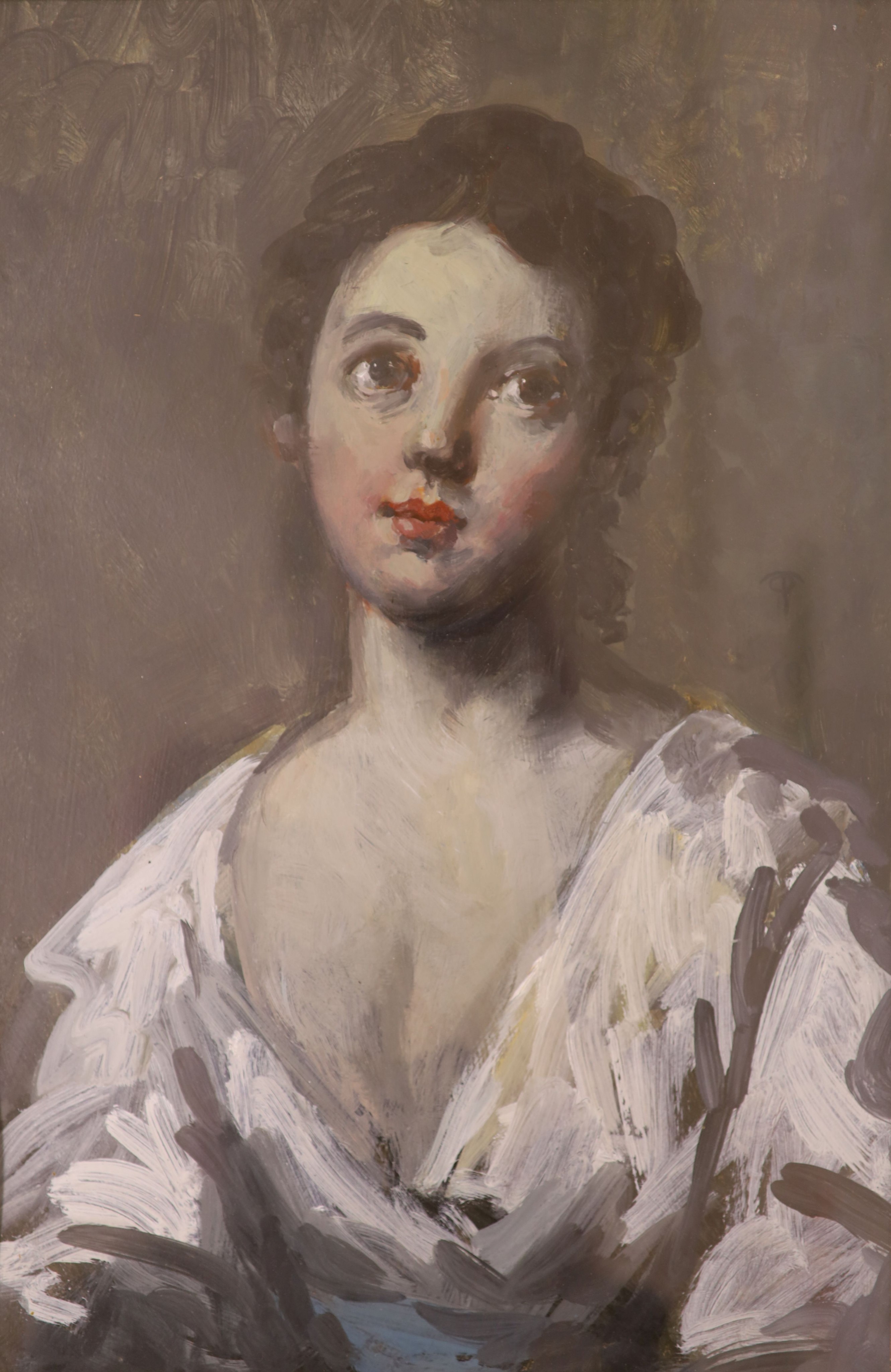 O.T.W, oil on card, Study of a young lady, monogrammed, 43 x 28cm.